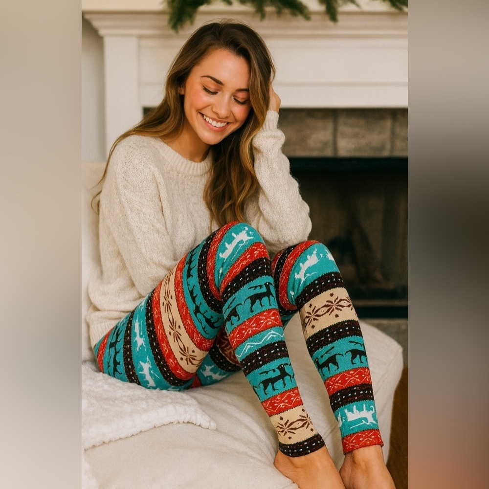 Festive Reindeer Patterned Leggings Soft Stretch Cozy Christmas Holiday S M​​
